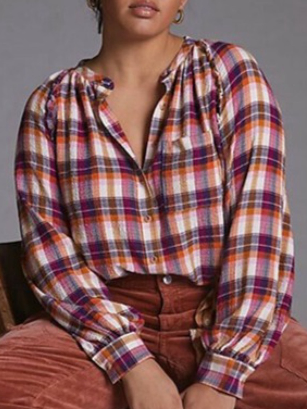 Anthropologie Pilcro Breezy Plaid Ruffle Blouse Women’s Size Small